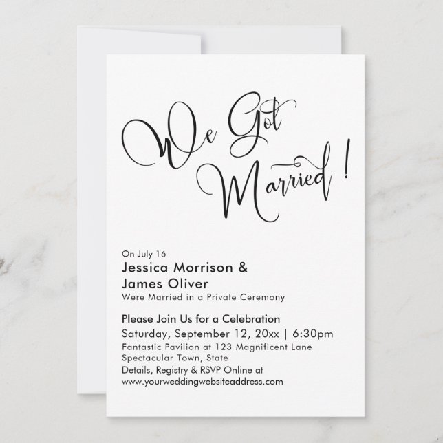We Got Married Elegant Calligraphy in Black White Invitation (Front)