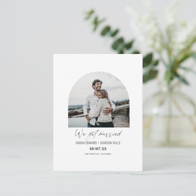 We got married Elegant modern arch photo elopement Announcement Postcard (Standing Front)