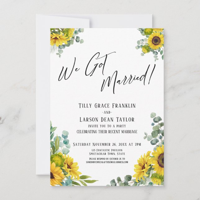 We Got Married! Eucalyptus Sunflower Reception Invitation (Front)
