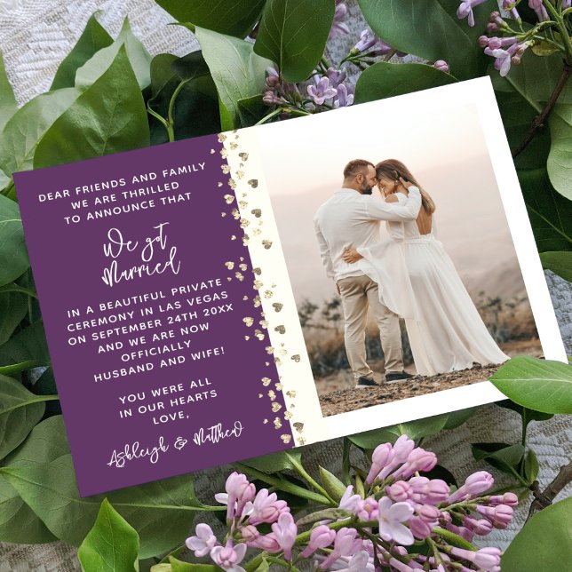 We Got Married Glitter Heart Photo Eggplant Gold Invitation (Creator Uploaded)