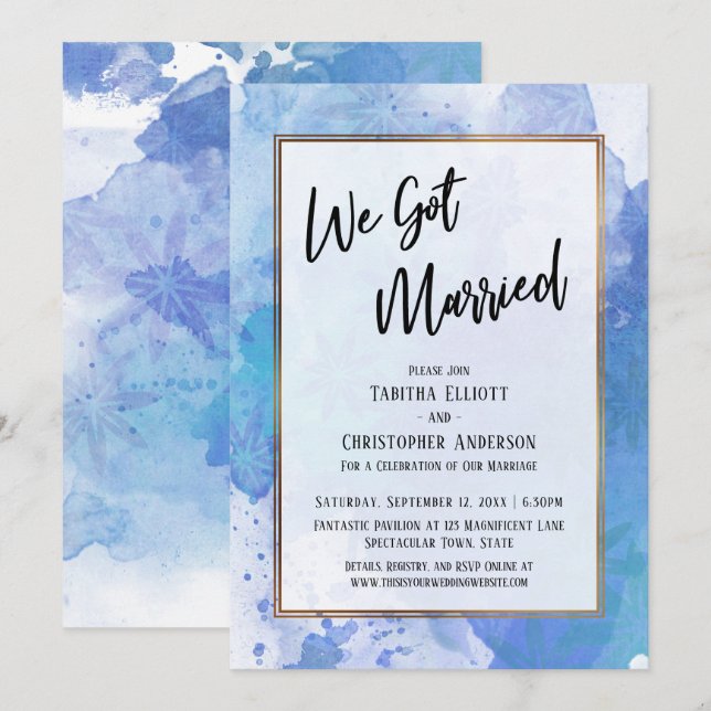We Got Married Gold Border Abstract Blue Splashes Invitation (Front/Back)
