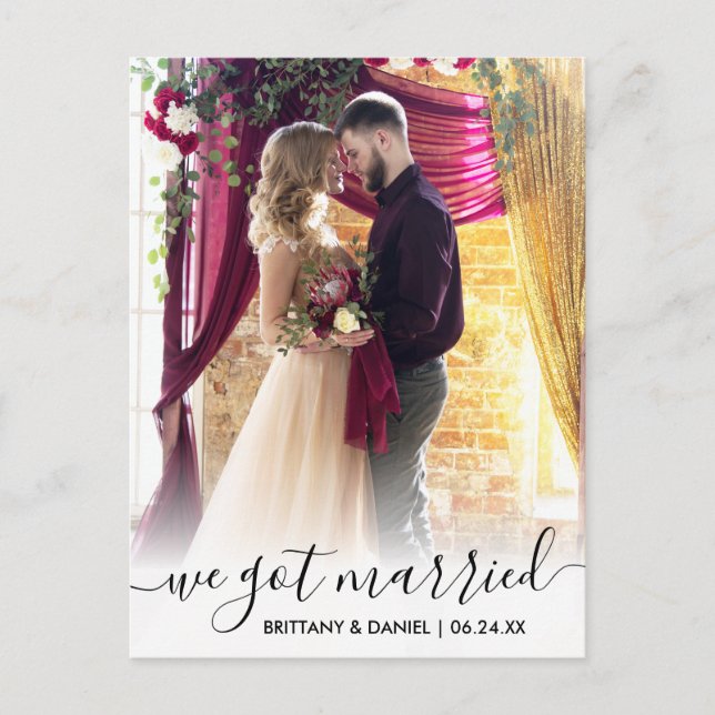 We Got Married Modern Script Overlay Photo Postcard (Front)