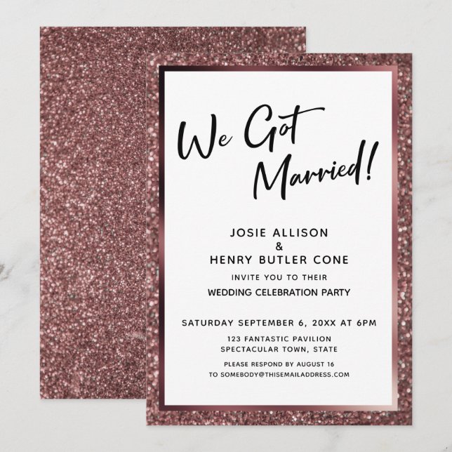 We Got Married! Rose Gold Glitter Reception-Only Invitation (Front/Back)