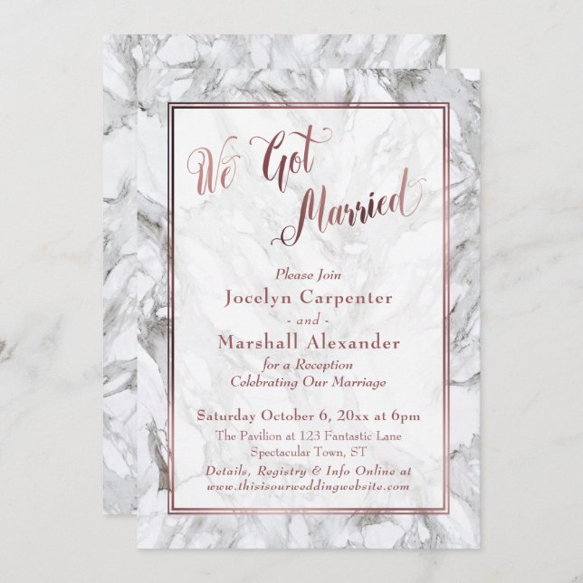 We Got Married Rose Gold Script Marble Reception Invitation (Front/Back)
