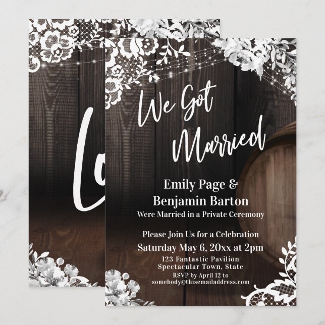 We Got Married Rustic Wood Barrel Lights Flowers Invitation (Front/Back)