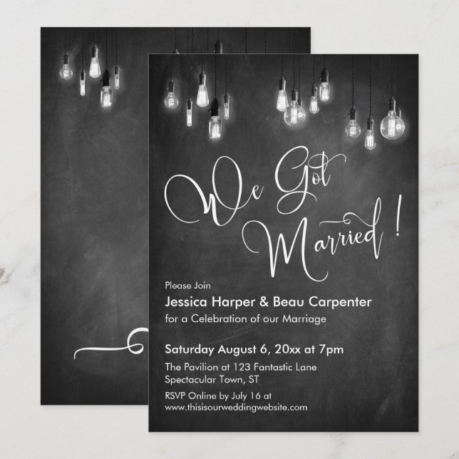 We Got Married Typography Edison Lights Chalkboard Invitation (Front/Back)