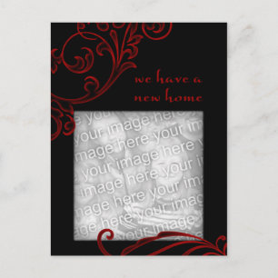 we have a new home : red flourish announcement postcard