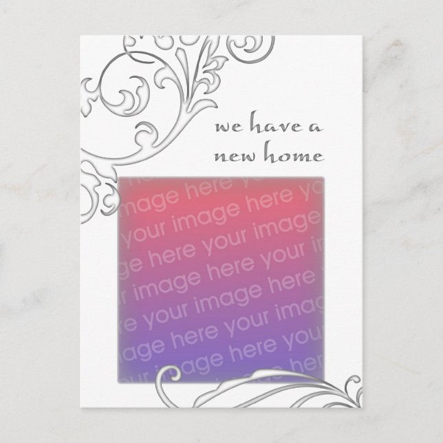 we have a new home : white flourish announcement postcard (Front)