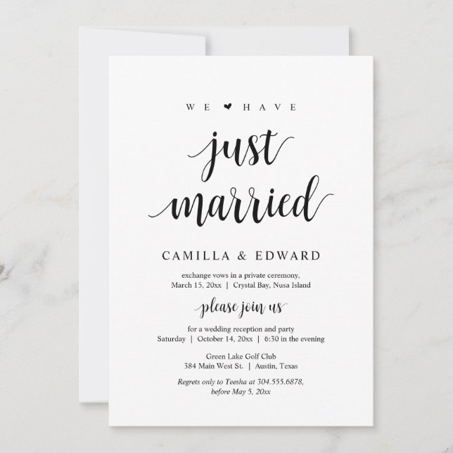 We Have Just Married, Wedding Elopement Party Invitation (Front)