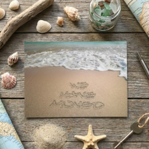 We have Moved Announcement Beach Sand Writing Postcard