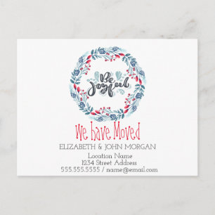We Have Moved,Blue Wreath, Be Joyful Announcement Postcard