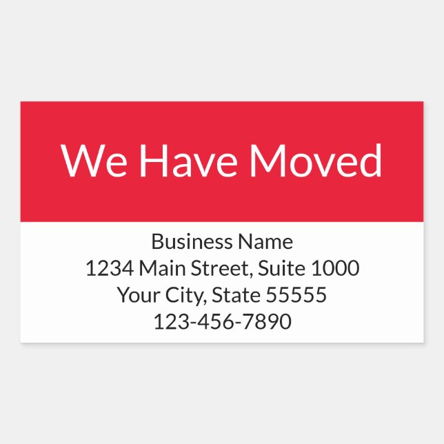 We Have Moved Business Announcement Red and White Sticker (Front)