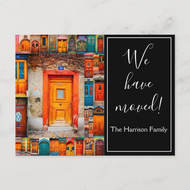 We Have Moved Chic Modern Doors Script Announcement Postcard (Front)