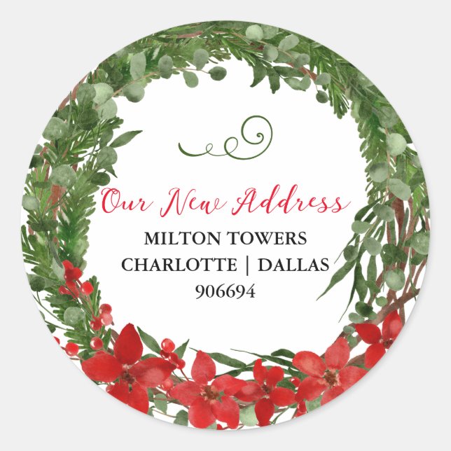 We Have Moved | Christmas Wreath | New Address  Classic Round Sticker (Front)