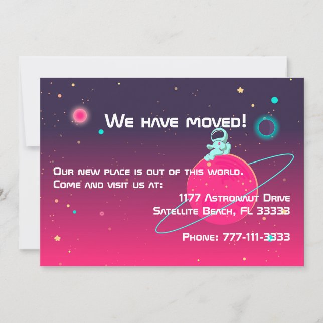 We Have Moved Cute Astronaut in Space Illustration (Front)