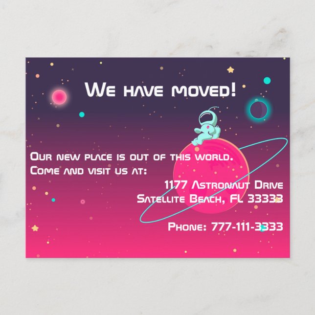 We Have Moved Cute Astronaut in Space Illustration Announcement Postcard (Front)