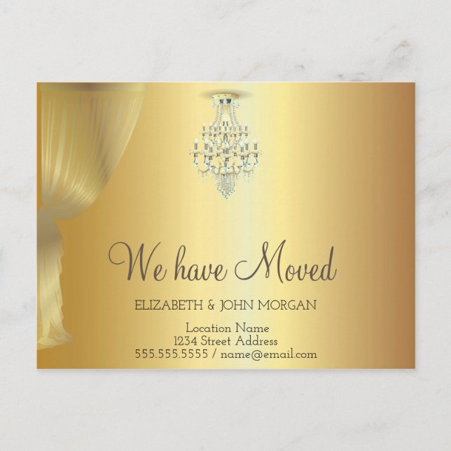 We Have Moved,Gold Curtain, Chandelier Announcement Postcard (Front)