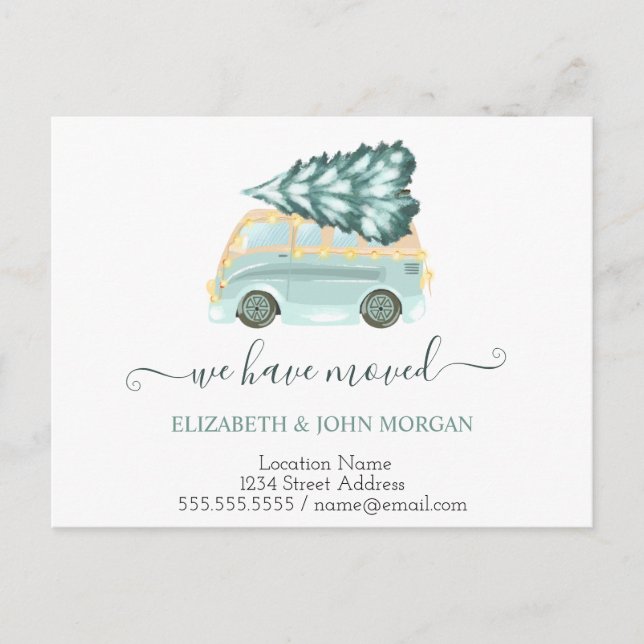 We Have Moved Green Truck Pine Tree Christmas  Announcement Postcard (Front)