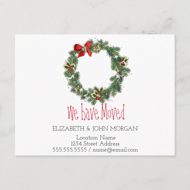 We Have Moved,Holiday Wreath, New Address Announcement Postcard (Front)