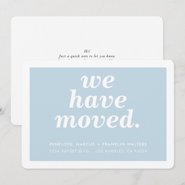WE HAVE MOVED modern minimal new address baby blue Announcement (Front/Back)