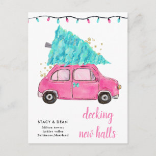 We Have Moved Pink Car Christmas Tree New Address Announcement Postcard