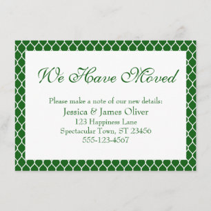 We Have Moved Preppy White Ogee Pattern on Green Enclosure Card