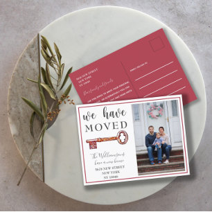 We Have Moved Red Key Photo Moving Announcement Postcard