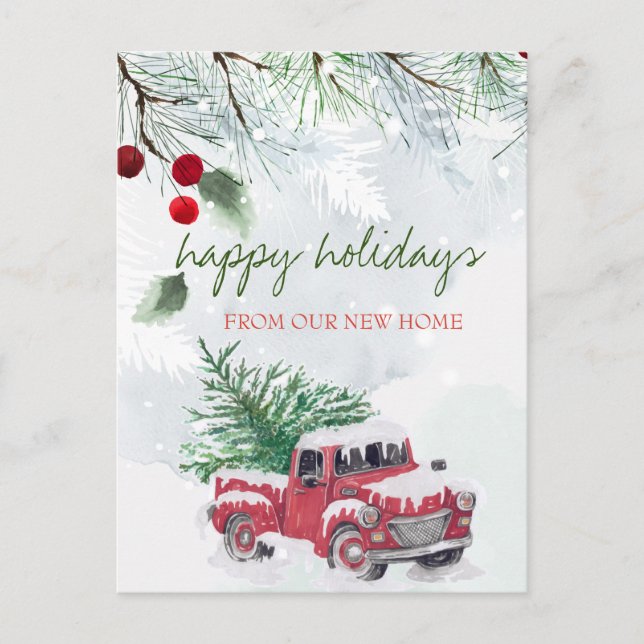 We Have Moved,Red Truck,Pine Tree Branch Snow  Announcement Postcard (Front)