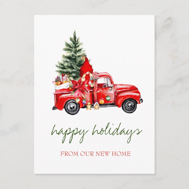 We Have Moved,Red Truck,Pine Tree Gnome Holiday Announcement Postcard (Front)