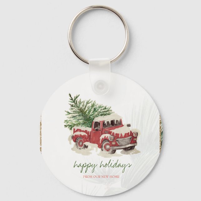 We Have Moved,Red Truck,Pine Tree Snow Holiday   Keychain (Front)