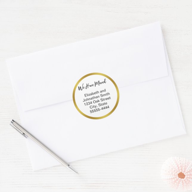 We Have Moved Script White Moving Announcement Classic Round Sticker (Envelope)