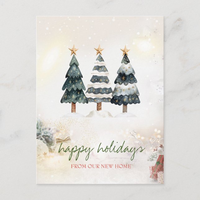 We Have Moved,Stars,Christmas Trees Holiday Announcement Postcard (Front)