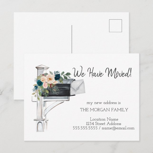We Have Moved,Watercolor Mailbox Blue Flowers Announcement Postcard (Front/Back)