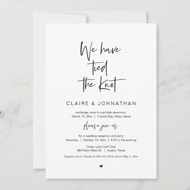 We have tied the knot, Black, Wedding Elopement Invitation (Front)