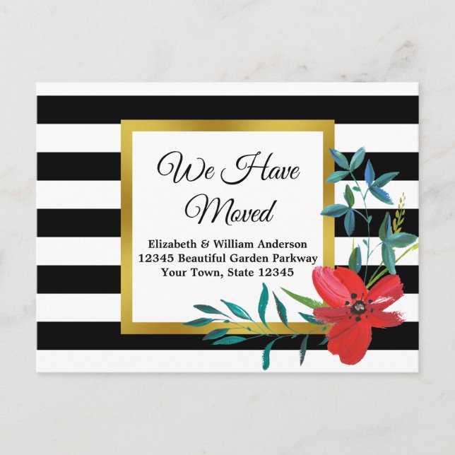 We Haved Moved Black and White Striped Red Flower Postcard (Front)