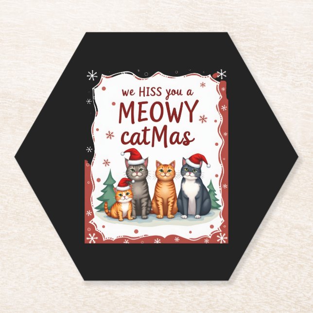 We Hiss You A Meowy Catmas Funny Cat Christmas Ugl Paper Coaster (Front)