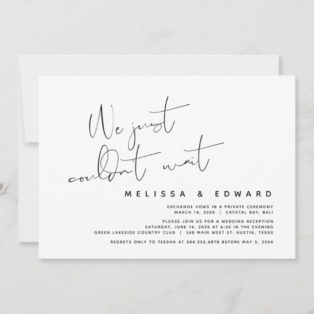 We just couldn't wait, Modern Wedding Elopement Invitation (Front)