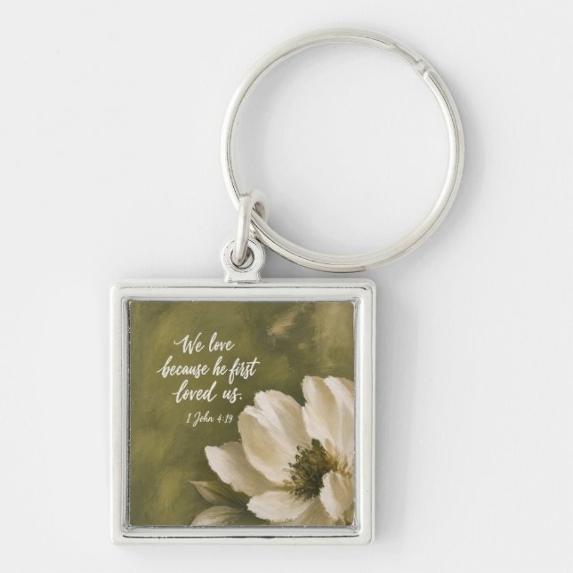 WE LOVE BECAUSE HE FIRST LOVED US | Wedding Gift Keychain (Front)