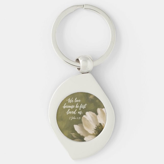 WE LOVE BECAUSE HE FIRST LOVED US | Wedding Gift Keychain (Front)