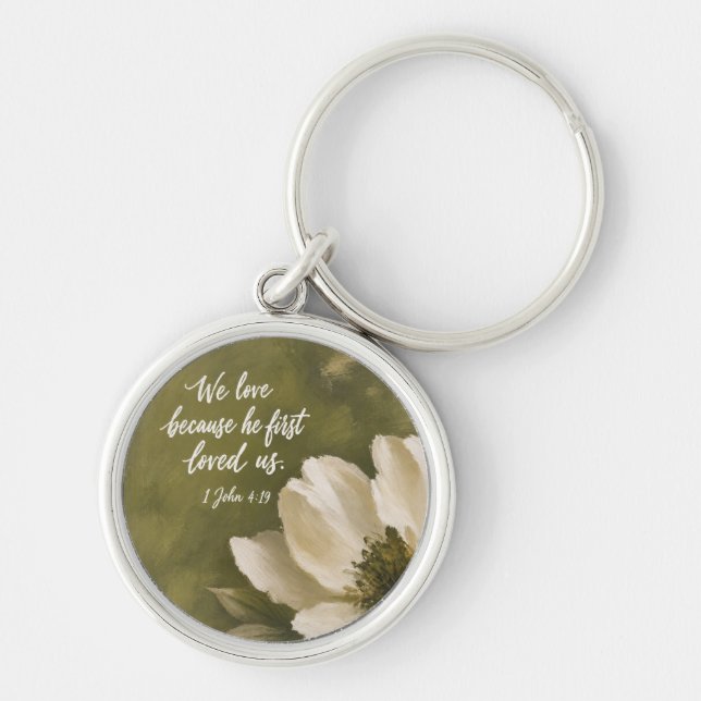 WE LOVE BECAUSE HE FIRST LOVED US | Wedding Gift Keychain (Front)