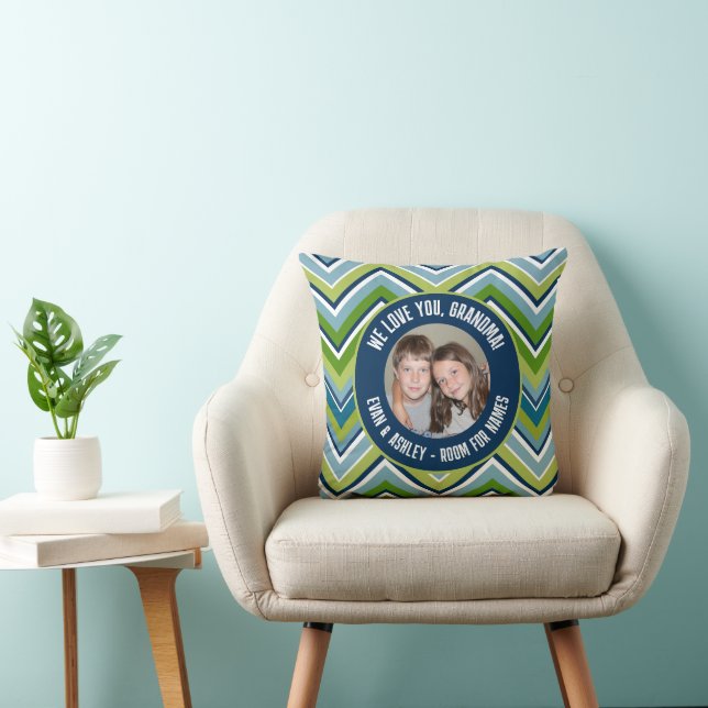 We Love Grandma - Custom Photo - blue chevrons Throw Pillow (Chair)