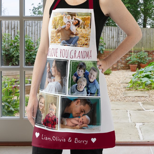 We Love Grandma Grandkids 5 Photo Maroon and white Apron (We Love Grandma Grandkids 5 Photo Maroon and white Apron)