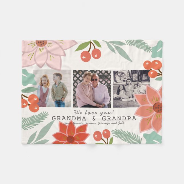 We Love Grandma & Grandpa Floral Cream White Photo Fleece Blanket (Front (Horizontal))