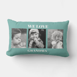We Love Grandma Photo Collage Turquoise Lumbar Pillow