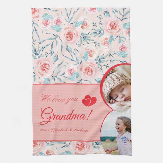 We Love Grandma Pink Floral Valentine's Day Photo Kitchen Towel (Vertical)