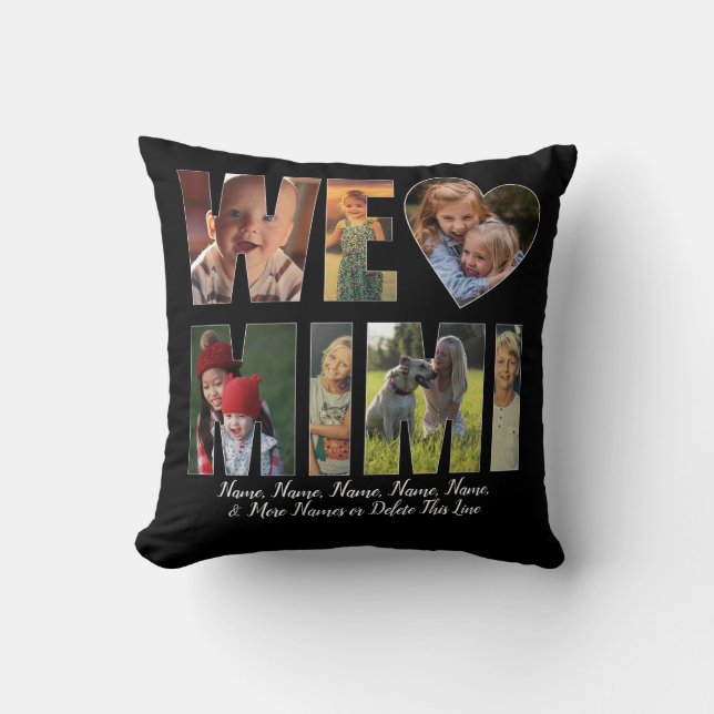 We Love Heart MIMI Add Photos Names Text on Black Throw Pillow (Front)