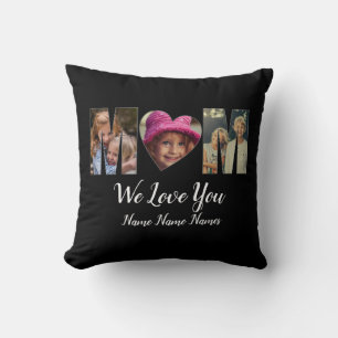 We Love Heart Mom Add Photos Names Text on Black Throw Pillow