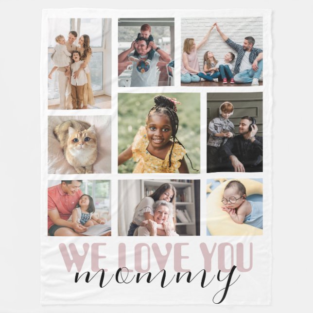 We Love Mommy Pink Mother's Day Photo Collage Fleece Blanket (Front)