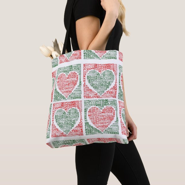 We Love The Holidays Green Red Hearts Tote Bag (Close Up)