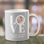 We Love You Dad Photo Grey Coffee Mug<br><div class="desc">This We Love You Dad Photo Mug is decorated with the word LOVE in white typography on a grey background.
Easily customizable with your photo and name.
Makes a great gift for Dad.</div>
